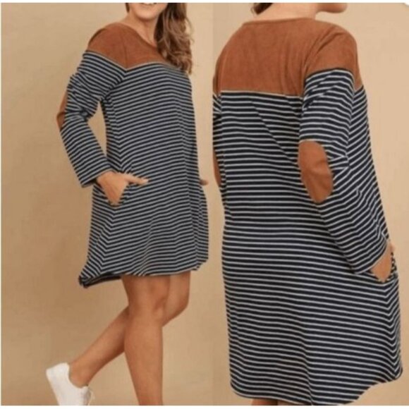 Umgee Dresses & Skirts - Umgee Preppy Striped Long Sleeve Suede Accent Knee Length‎ T-Shirt Dress Sz Med.